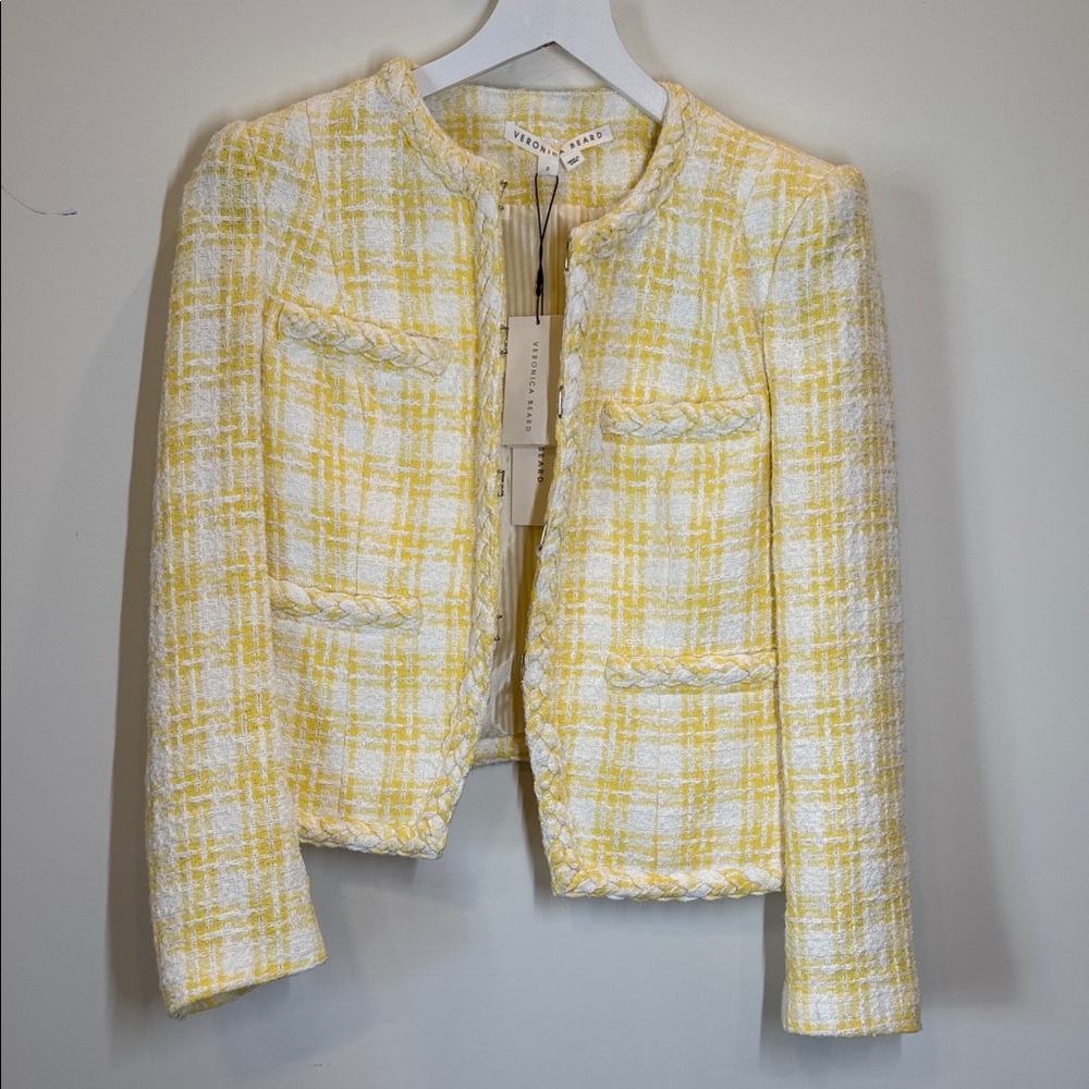 Veronica Beard Yellow and White Plaid Tweed Bryne Jacket Blazer Size 2